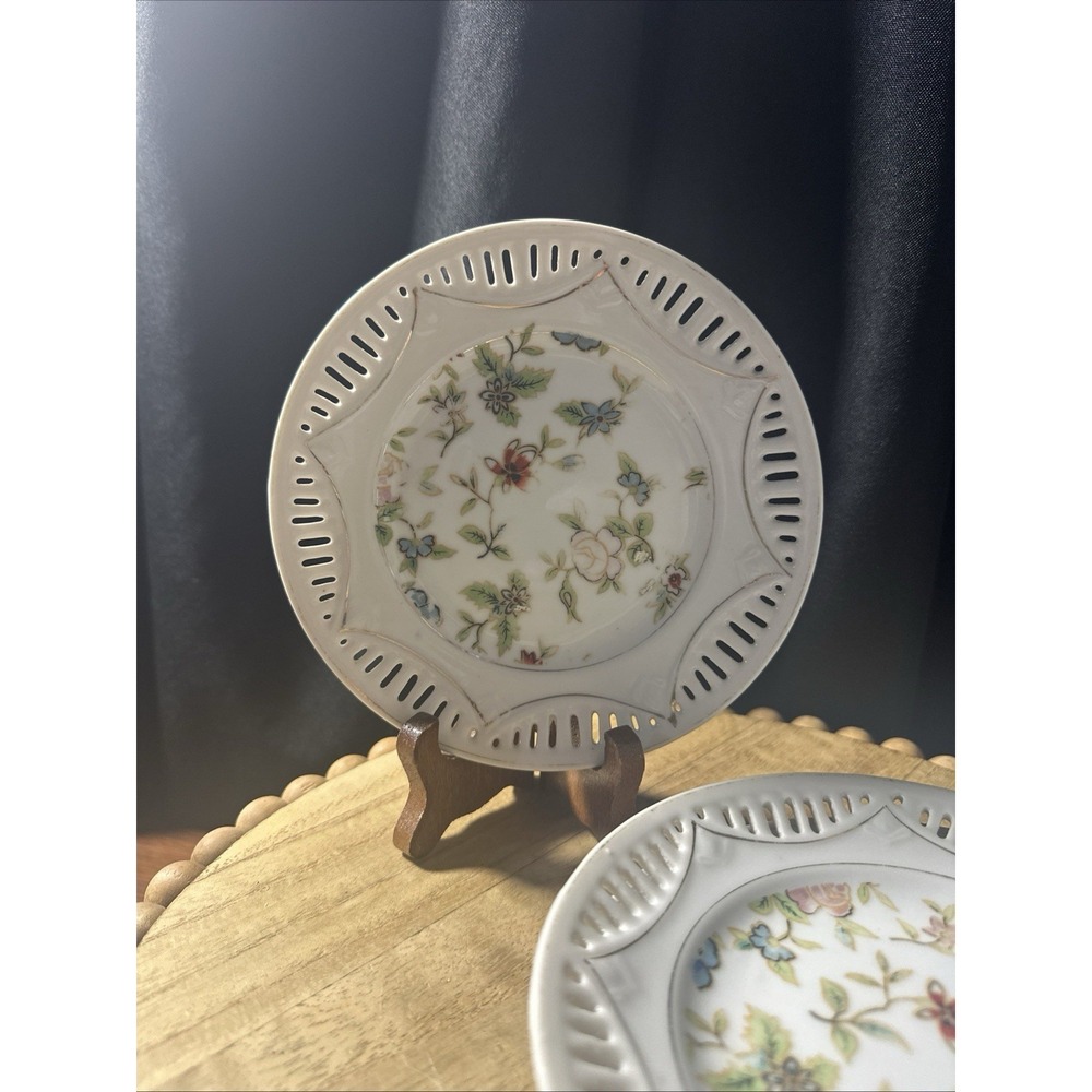 (4) Vintage Japan Hand Painted Floral Porcelain plate Reticulated